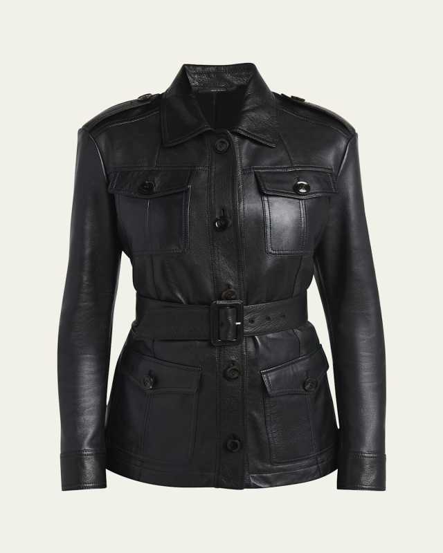 Belted Button Down Leather Jacket